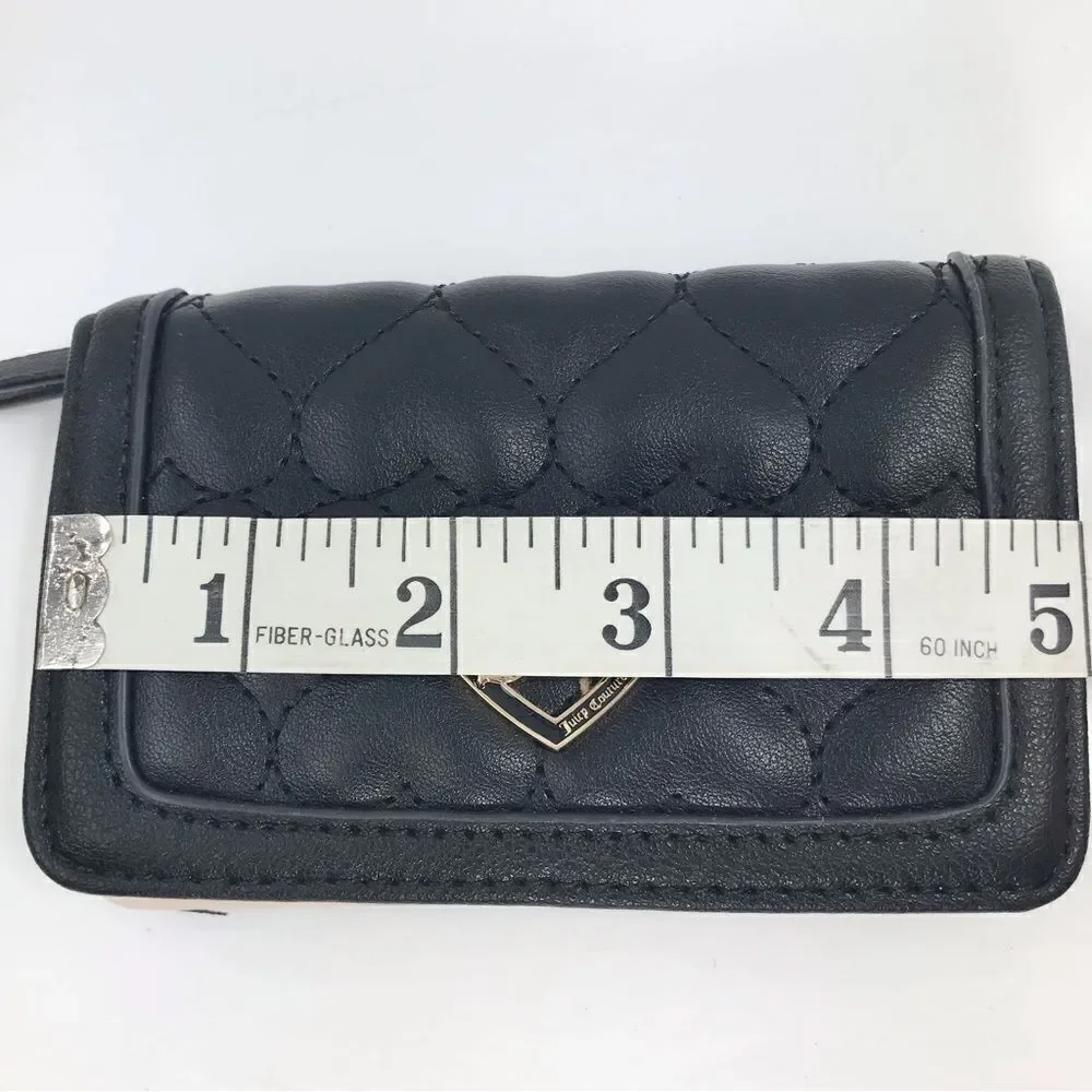 Juicy Couture Black Heart Quilted Monogram Heart Card Case Mini Snap Wallet